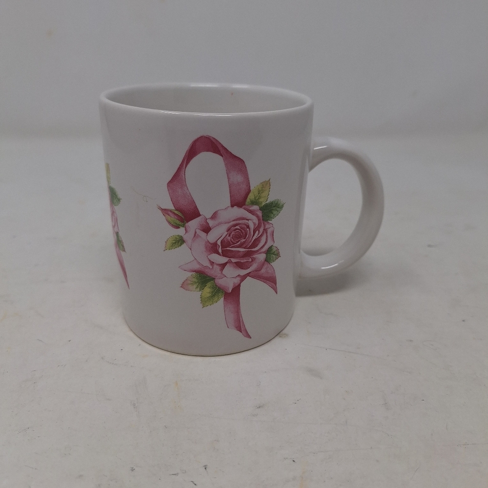 Avon Vintage Breast Cancer Awareness Coffee Mug Pink Rose Ribbon White Ceramic